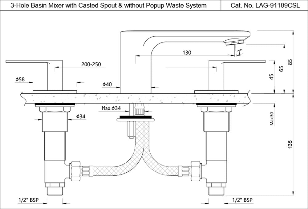 3-Hole Basin Mixer - Chrome LAG-CHR-91189CSL