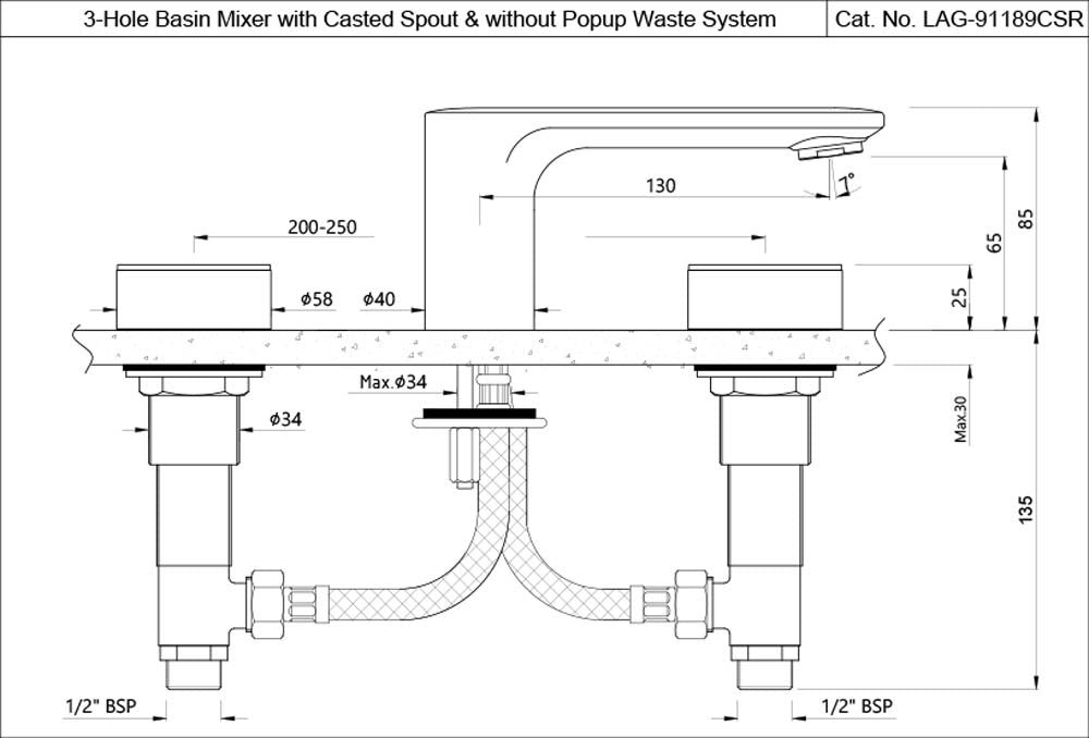 3-Hole Basin Mixer - Chrome  LAG-CHR-91189CSR