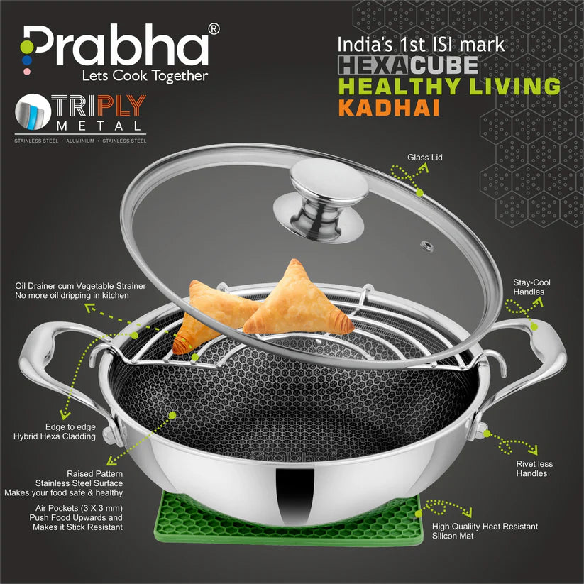 Tri-ply Hexa Cube Kadhai With Lid – 5.5L, 30cm