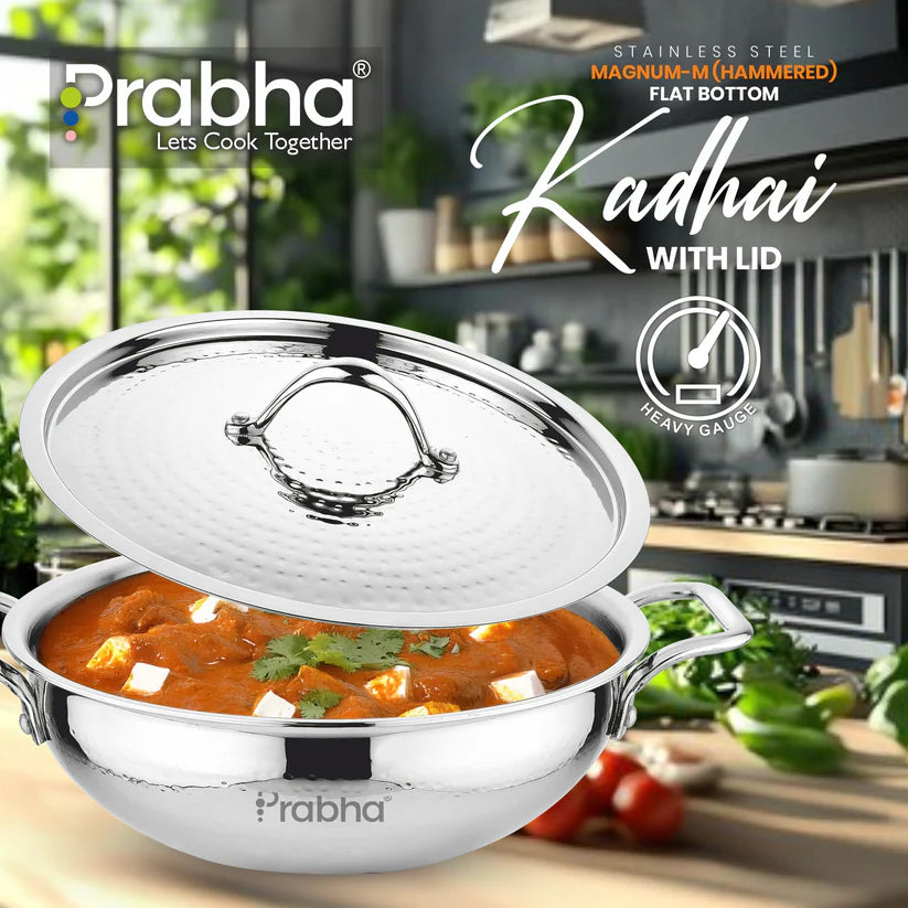 Magnum Flat Bottom Hammered Kadhai With Lid – 2.9L, 24cm