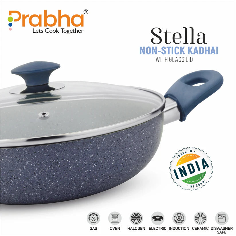 Stella Nonstick Deep Kadhai With Glass Lid 2.4L, 24cm
