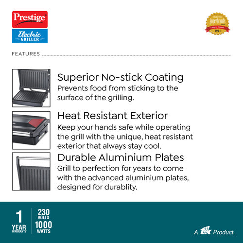 PEG 6.0 Non-Stick Coating 1000 W Electric Grill (Red and Black)