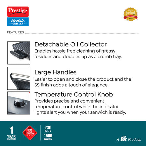 PEG 1.0 Electric Grill 1500 W with Detachable Oil Collector (Silver and Black)