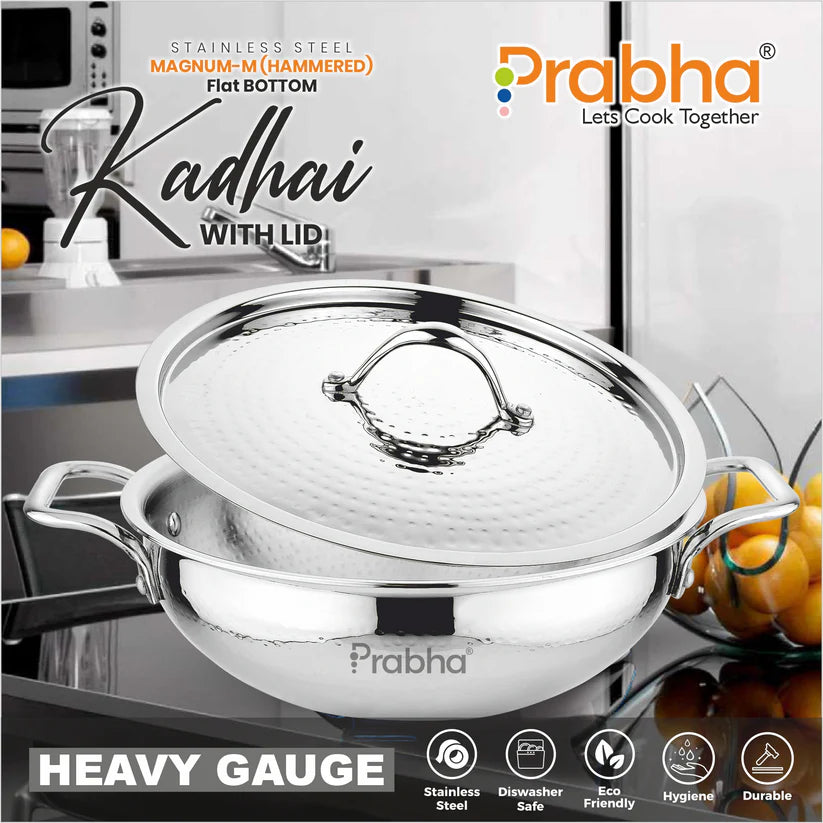 Magnum Flat Bottom Hammered Kadhai With Lid – 2.9L, 24cm