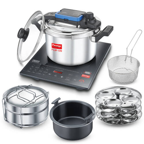 Cookcenter Induction Cooktop Combo | 5L Flip-On Pressure Cooker | Glass Lid | 4 Idly Plates | Frying Basket | Cake Mould | Cooker Separator | All-in-One Cooking Station