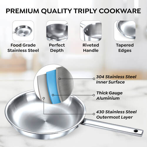Tri-Ply Stainless Steel 3 Piece BYK Cookware Set| Fry Pan 24cm (1.7L), Kadai 24cm (2.7L) with SS Lid, Sauce Pan 16cm (1.5L)| Even Heat Distribution| Gas and Induction Compatible 38546