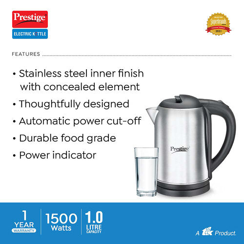 PKNSS Electric Kettle 1.0L | Stainless Steel Inner Finish | Concealed Element | Automatic Power Cut-Off