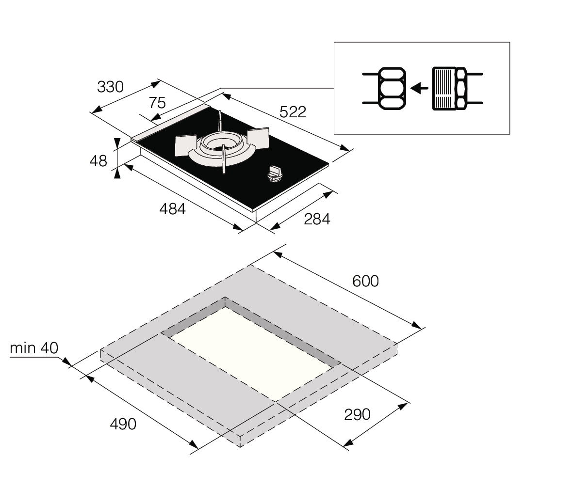 HG8313BGB1 1 Burner Gas Hob 33cm Black Glass 538.60.773