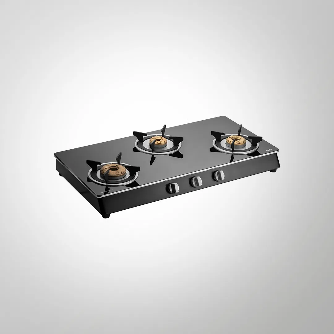 CTAI 77 3B – 3-Burner Auto Ignition Gas Stove | High Safety Valves | Black Tempered Glass