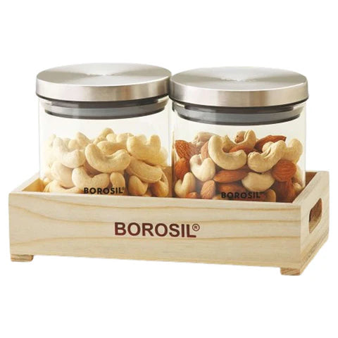Borosil 2 Classic Jars w Wooden Tray Oven, Micro, Fridge Safe 600 ml x 2
