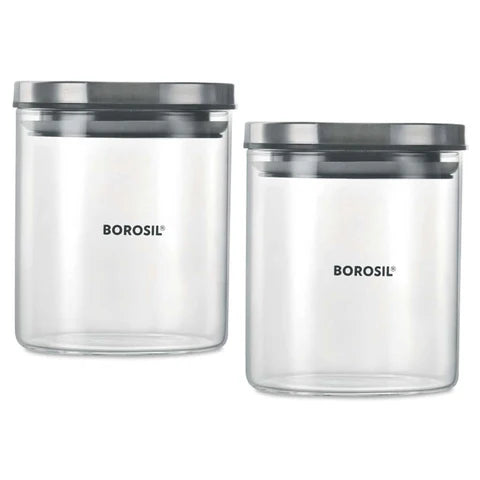 Borosil 2 Classic Jars w Wooden Tray Oven, Micro, Fridge Safe 600 ml x 2