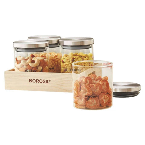 Borosil Classic Glass Storage Jar With Wooden Tray Set Of 4 600 ml BCLJRWT4600