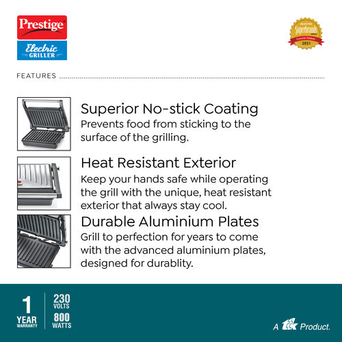 PEG 5.0 Non-Stick Coating 800 W Electric Grill (Silver and Black)