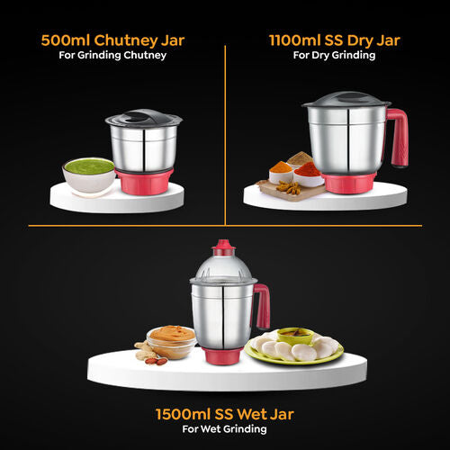 Regal Mixer Grinder 750W | 3 Stainless Steel Jars | Super Efficient Blades | Red and Black | Sturdy Handles