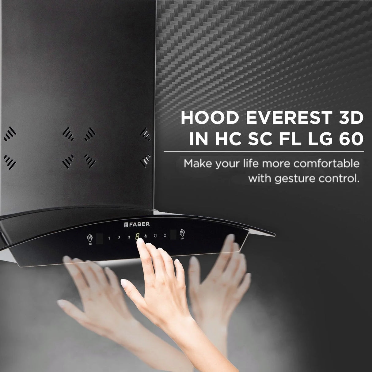 Hood Everest 3D IN HC SC FL LG 60 Wall-Mounted Chimney with 6-Way Suction, Filterless Auto Clean & Gesture Control, 1250 m³/hr