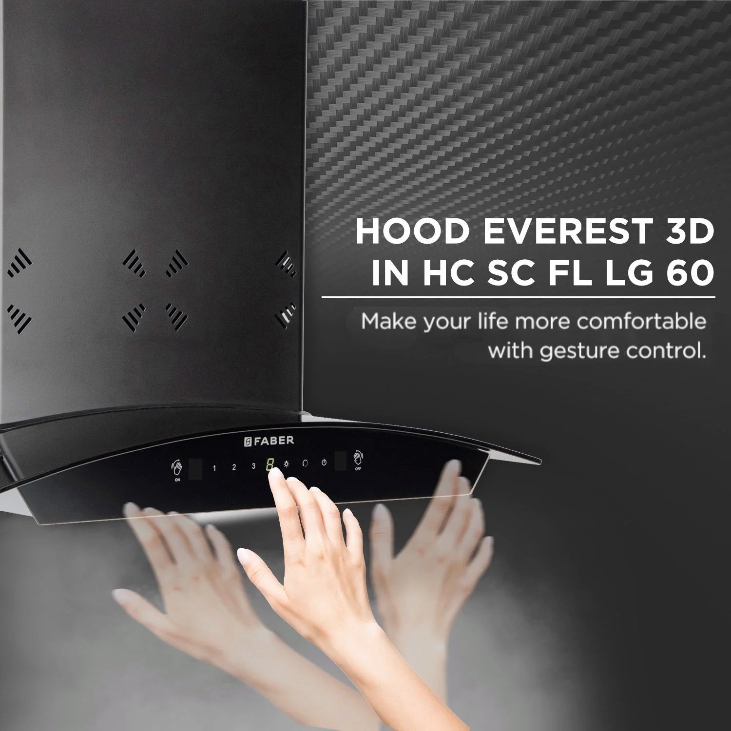 Hood Everest 3D IN HC SC FL LG 60 Wall-Mounted Chimney with 6-Way Suction, Filterless Auto Clean & Gesture Control, 1250 m³/hr