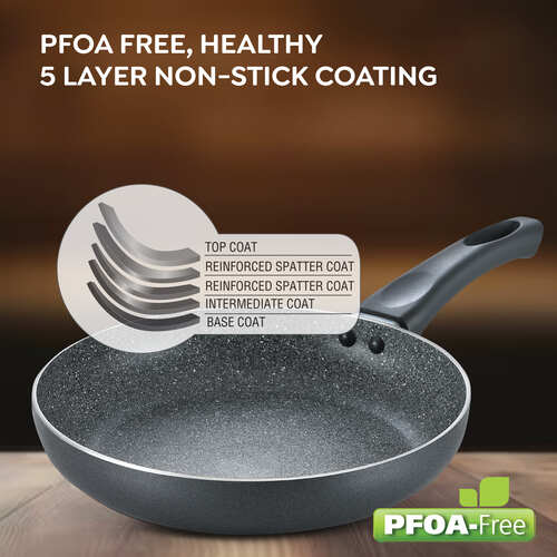 Omega Deluxe Granite Alpha 3 Piece BYK Non-Stick Cookware Set| Kadai 24cm with Glass Lid, Omni Tawa 28cm and Fry Pan 24cm| Gas and Induction Compatible| 5 Layer Non-Stick Coating 38390