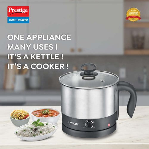 Prestige 1L PMC 1.0 Plus Multi Kettle / Multi Cooker| Glass Lid with Stainless Steel rim|Temperature Control |Power Indictor (Silver, Black)
