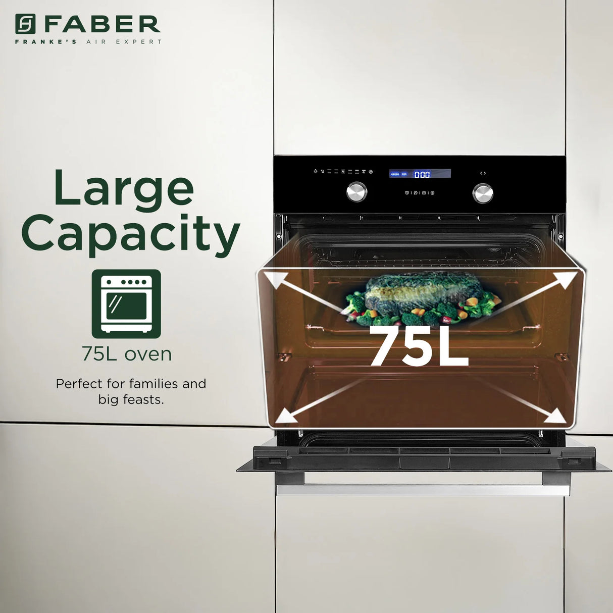 FBIO 75L 9F BK Built-In Oven with 9 Cooking Functions & 3D Hot Air Circulation