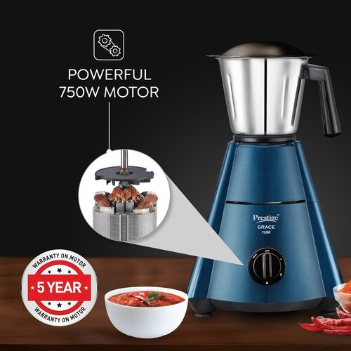 Grace Mixer Grinder 750W | 3 Stainless Steel Jars | Super Efficient Blades | Dome Shaped Lid | Blue & Black | Sturdy Handles