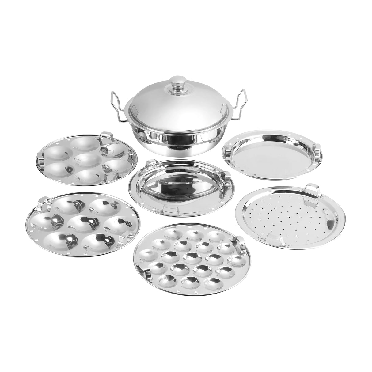 5 liter Stainless Steel Multi Kadai with 6 Plates - 28cm, 2 Idli Plates, 2 Dhokla Plates, 1 Patra & Mini Idli plate, All in one, Idli maker
