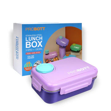 Fun Time 750ml Stainless Steel Lunch Box | 3-Grid Tiffin with Extra 80ml Bowl | Leak-Proof & BPA-Free | Perfect for School & Office Use PBH 6024