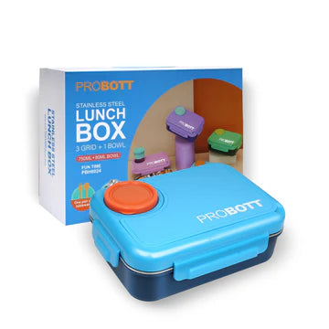 Fun Time 750ml Stainless Steel Lunch Box | 3-Grid Tiffin with Extra 80ml Bowl | Leak-Proof & BPA-Free | Perfect for School & Office Use PBH 6024