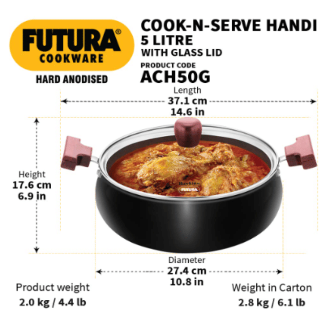 Hawkins Futura 5 Litre Cook N Serve Handi, Hard Anodised Biryani Handi with Glass Lid, ACH50G