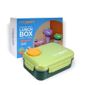 Fun Time 750ml Stainless Steel Lunch Box | 3-Grid Tiffin with Extra 80ml Bowl | Leak-Proof & BPA-Free | Perfect for School & Office Use PBH 6024