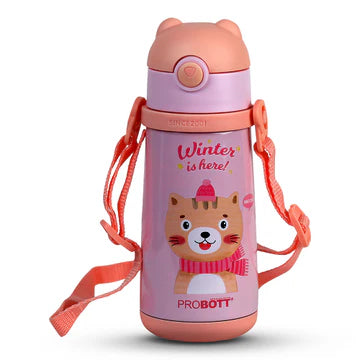 School Champ 370ml Sipper Bottle for Kids with Straw & Carry Strap, Pink | Stainless Steel Hot & Cold Water Bottle | PB 370-01