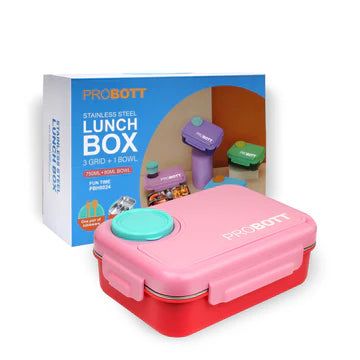 Fun Time 750ml Stainless Steel Lunch Box | 3-Grid Tiffin with Extra 80ml Bowl | Leak-Proof & BPA-Free | Perfect for School & Office Use PBH 6024