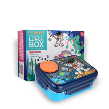 Fun Time 750ml Stainless Steel Lunch Box with 80ml Bowl, Spoon & Fork | 3-Grid Tiffin Box with Character Lid | Leak-Proof BPA-Free | Ideal for School | PBH 6027