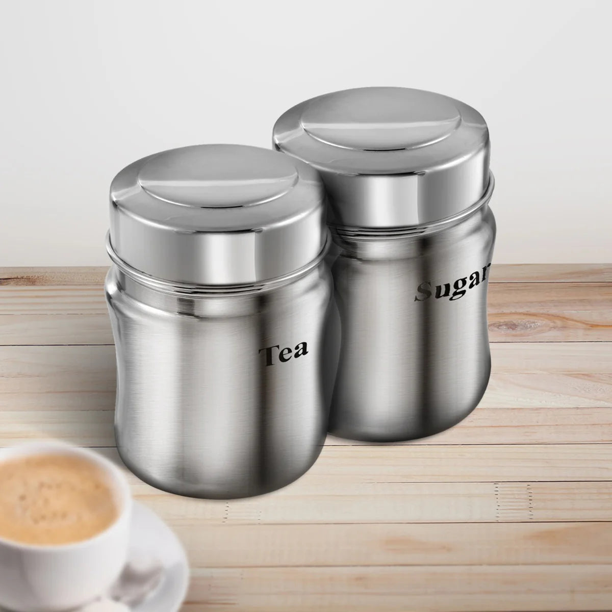 Steel Tea Coffee & Sugar Container - 700 ml (Pack of 2, Silver)