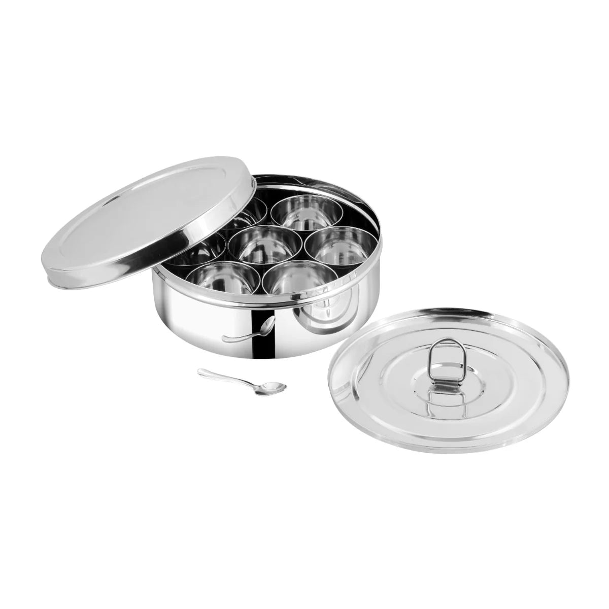 Stainless Steel Spice(Masala) Box/Dabba/Organiser with a Stainless Steel Lid and a Separator Plate -7 containers and a small spoon,Silver,Non Toxic, BPA Free- Large