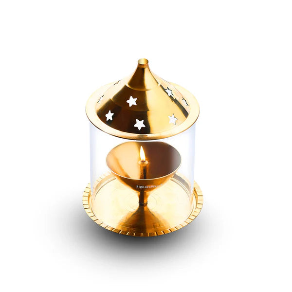 Signoraware Akhand Diya Small Brass with Glass Cover