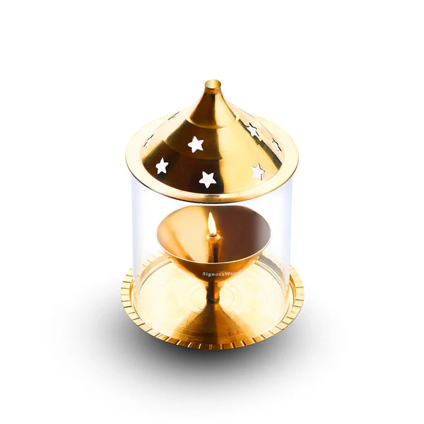 Signoraware Akhand Diya Medium Brass with Glass Cover