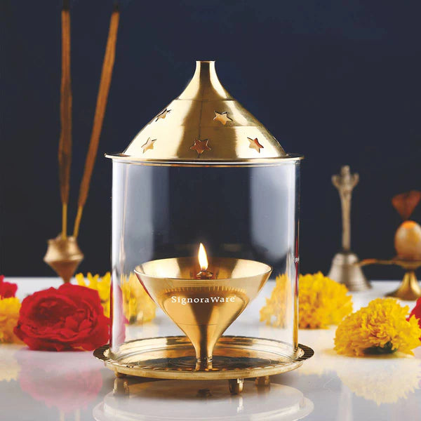 Signoraware Akhand Diya Big Brass with Borosilicate Glass Cover