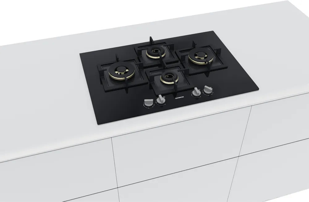 iQ500 75cm Gas Hob EP7B6IG20I – 4 Brass Burners, Black Tempered Glass, Cast Iron Pan Supports