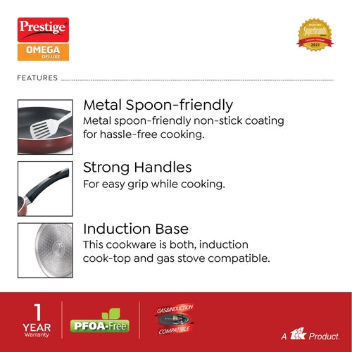 Omega Deluxe Aluminium Induction Base Non-Stick Fry Pan, 20cm (Red) 36722