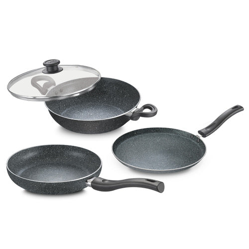 Svachh Granite Non-Stick 3-Piece Set Cookware |Dual Non-Stick Delight|Omni Tawa -28cm Dia, Kadai with GlassLid -24cm Dia, Fry Pan -24cm Dia|Gas and Induction Compatible|Metal Spoon Friendly 38368