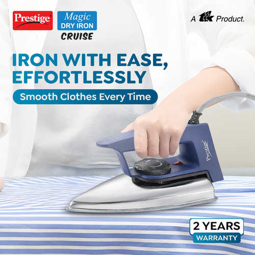 Magic Cruise 600W Dry Iron|Greblon Non-Stick Coated Sole Plate|Wide Range Of Fabric Interface|Light Weight|Neon Indicator Light | Blue & Silver