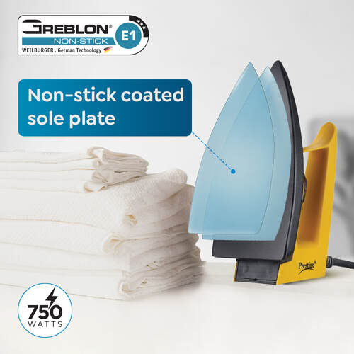 Magic Magnite 750W Dry Iron|Greblon Non-Stick Coated Sole Plate|Wide Range Of Fabric Interface|Light Weight|Neon Indicator Light | Yellow & Black