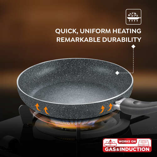 Svachh Granite Non-Stick 3-Piece Set Cookware |Dual Non-Stick Delight|Omni Tawa -28cm Dia, Kadai with GlassLid -24cm Dia, Fry Pan -24cm Dia|Gas and Induction Compatible|Metal Spoon Friendly 38368
