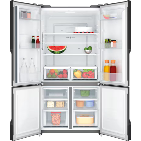 564L 700 Series Quad Door Refrigerator EQE5600B-B – Inverter Compressor, Cooling360, GreenZone Crisper