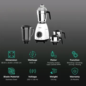 1000 Watt Mixer Grinder with 4 Jars, Juicer & Suction Feet | HL7704/00 - Powerful Performance for Dry Grinding, Blending & Juicing