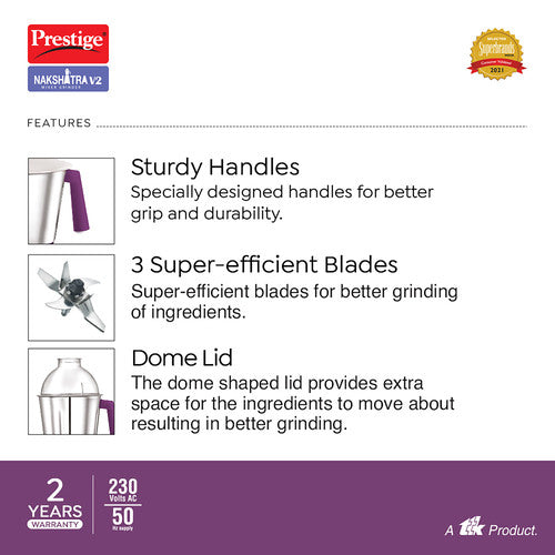 Nakshatra V2 Mixer Grinder 550W | 3 Stainless Steel Jars | Super Efficient Blades | Elegant Design | Dome Lid | Sturdy Handles