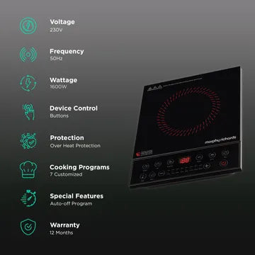 Omnia 1600W Induction Cooktop – 7 Preset Modes, Anti-Roach Coating, Auto Shut-Off & Voltage Protection