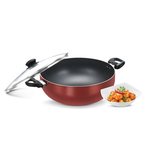 Omega Deluxe Aluminium Non-Stick Round Base Deep Kadai with Glass Lid 30cm (Red) 36727
