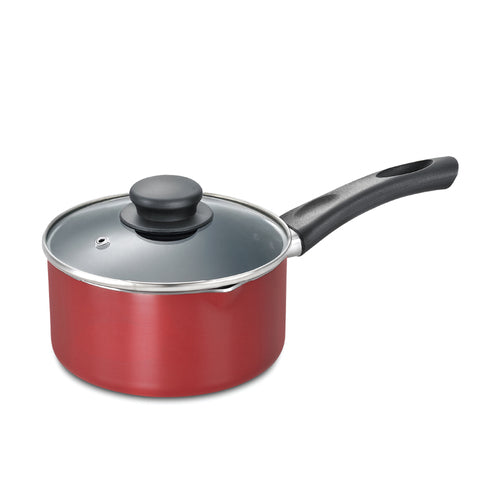 Omega Deluxe Aluminium Induction Base Non-Stick Milk Pan with Glass Lid, 16 cm, 1.5 L (Red) 36728