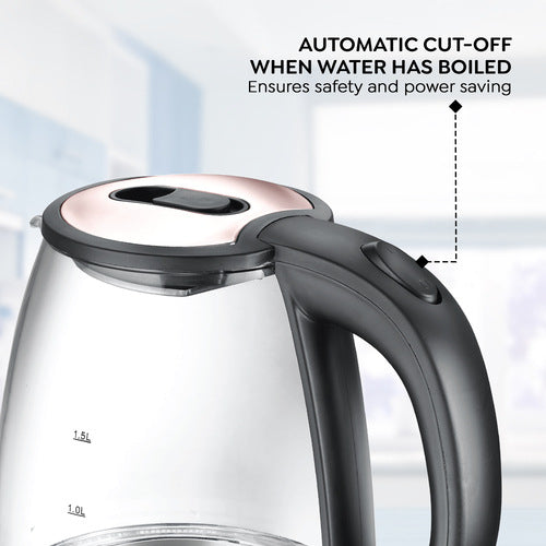 PKGB 1.8 Litre Electric Glass Kettle| LED Power Indicator| Borosilicate Glass| Automatic Power Cut-Off| Concealed Element| 360 Degree Swivel| Cool Touch Handle